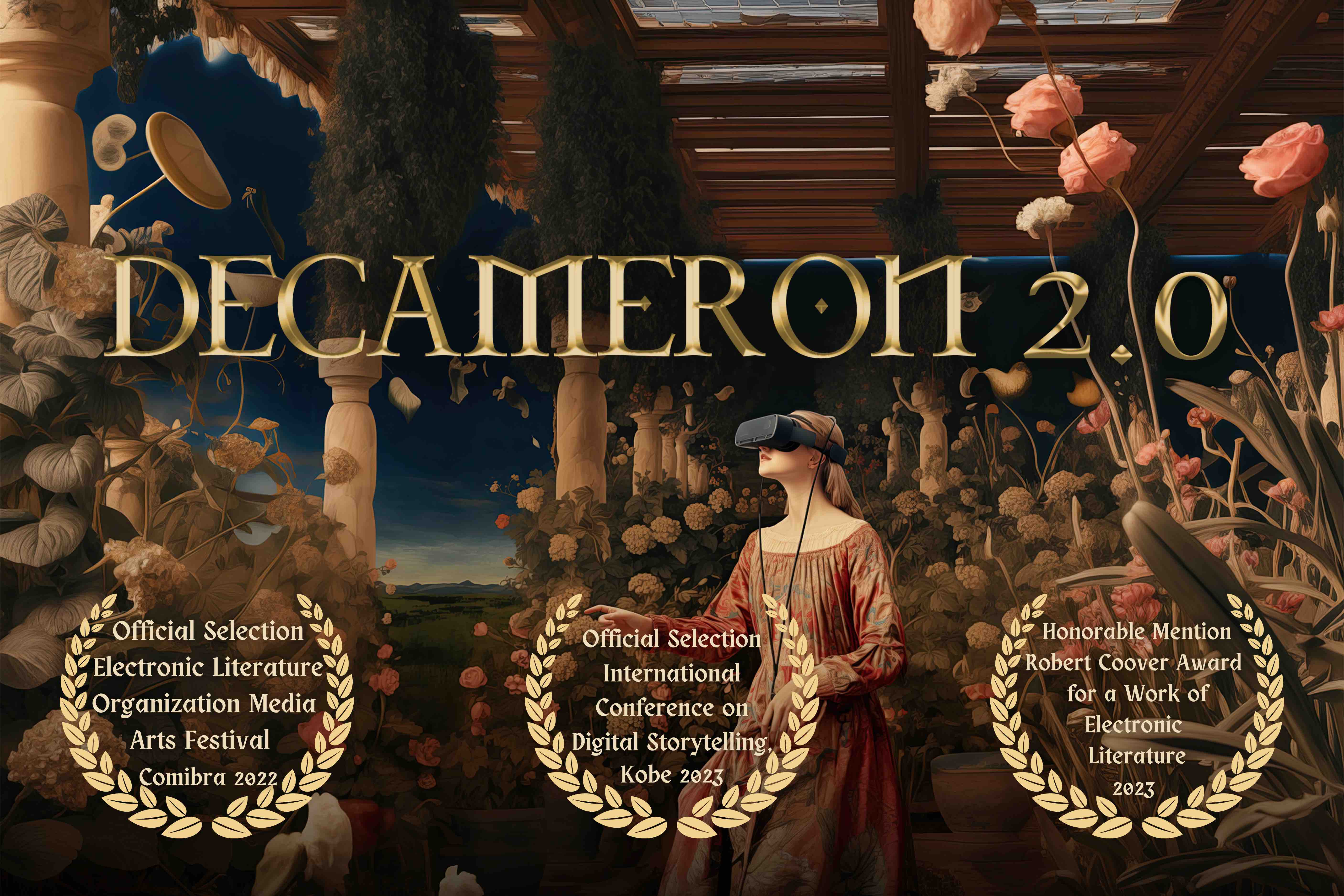 Poster for "Decameron 2.0" winning 2023 Robert Coover Award for a Work of Electronic Literature, an international award given for the best work of electronic literature of any length or genre.